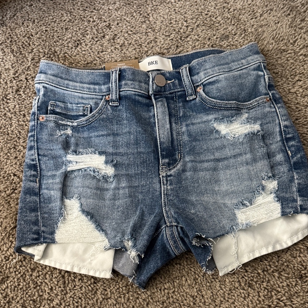 BKE Women's Ripped Jean Shorts - Dark Blue